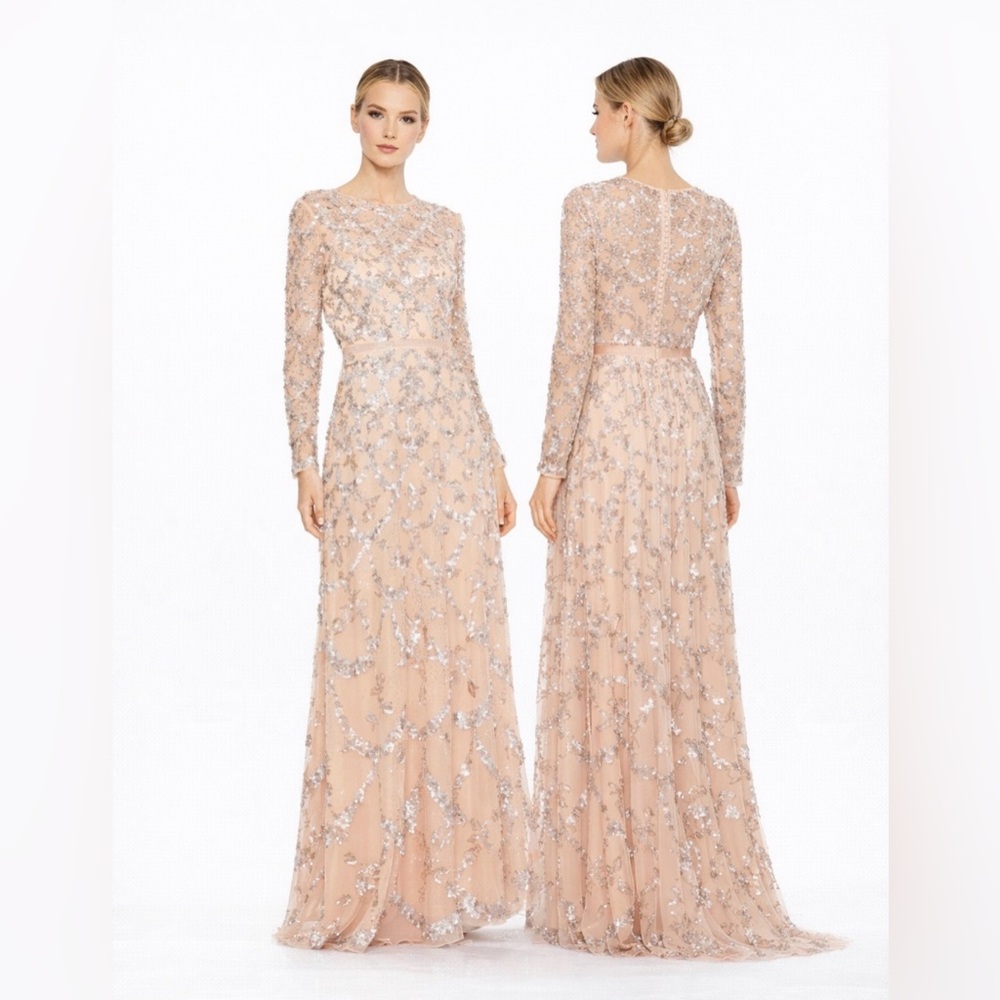 Mac Duggal Sequin Beaded Pearls Long Sleeve Gown 5496 Blush Pink Women's 18 NEW